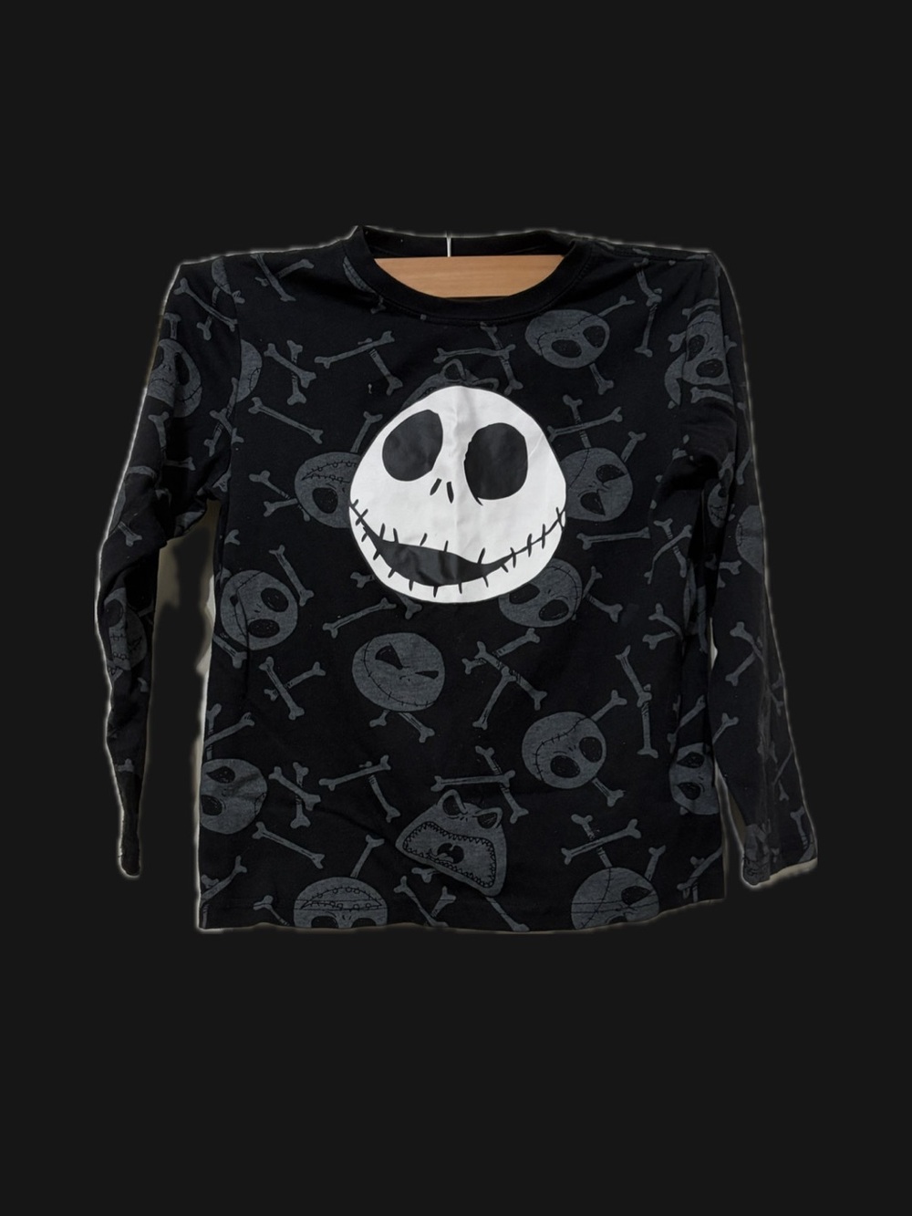 Hybrid Apparel Black Long-Sleeve Tee with White Jack Skellington Face